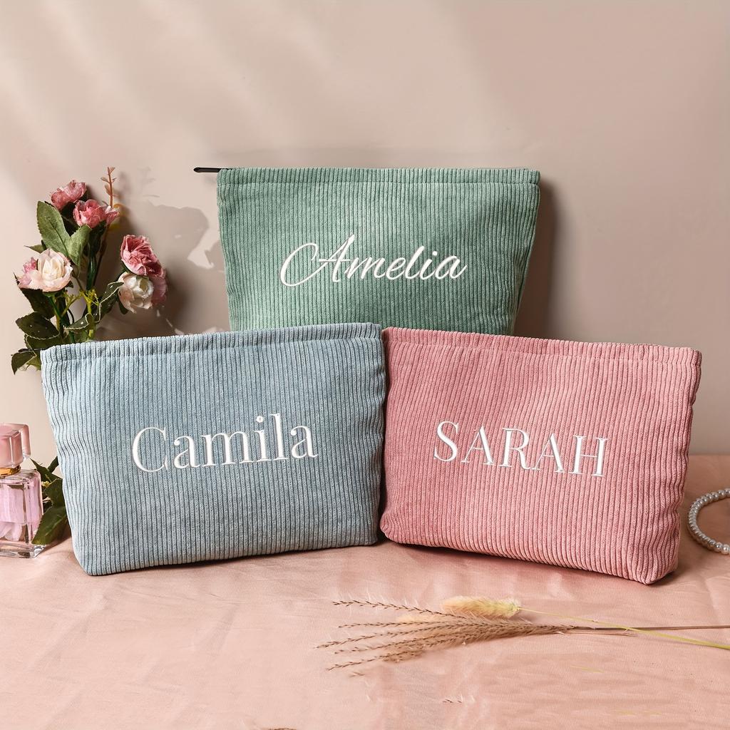 Personalized Embroidered Corduroy Makeup Bag Letter Toiletry Cosmetic Pouch Bridesmaid Proposal Gift Custom Makeup Bag for Women