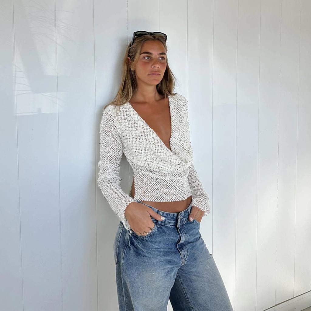 Spice girl beads fishing net new product hollow sexy front and rear can wear swinging collar long sleeves, top