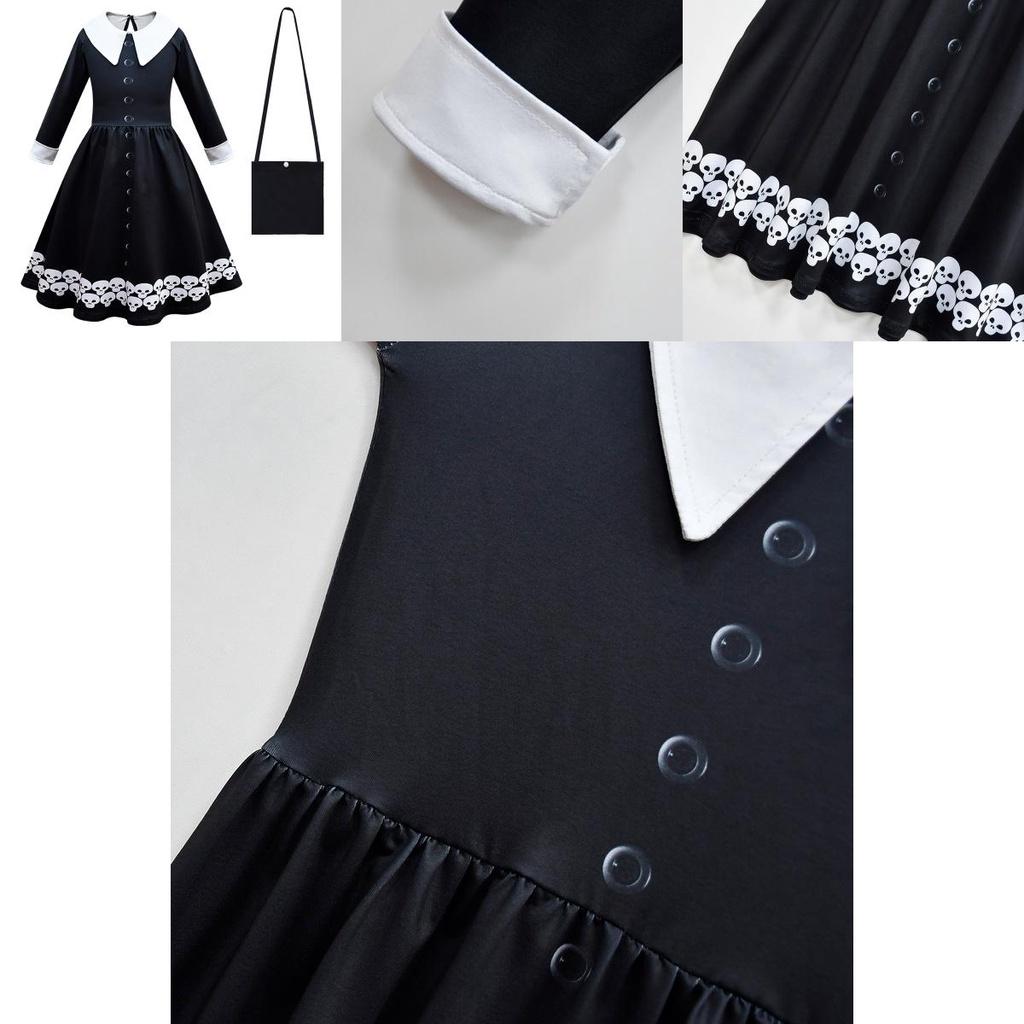 Wednesday Addams Dress Bag Wig Cosplay Costume Girls Xmas Party