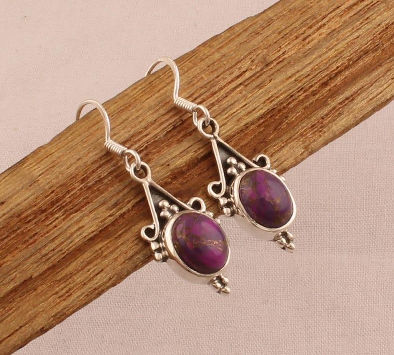 Solid 925 Sterling Silver Purple Copper Turquoise gemstone Earrings handmade Jewelry Boho Earrings