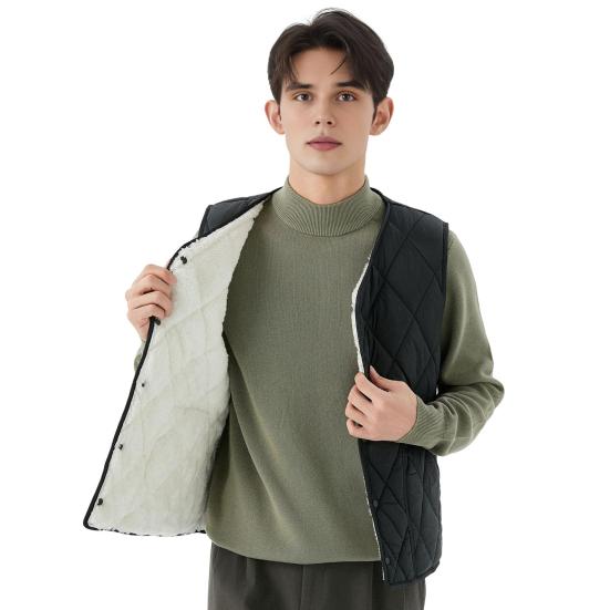 Men Winter Waistcoat No Collar Single Breasted Solid Color Waistcoat with Pockets Thickened Velvet Lining Vest Coat
