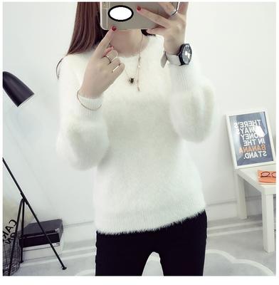 Winter Imitate Mink Wool Fleecing Female O Neck Long Puff Sleeve  Elastic Casual Sweater Women Knitted Pullovers Solid