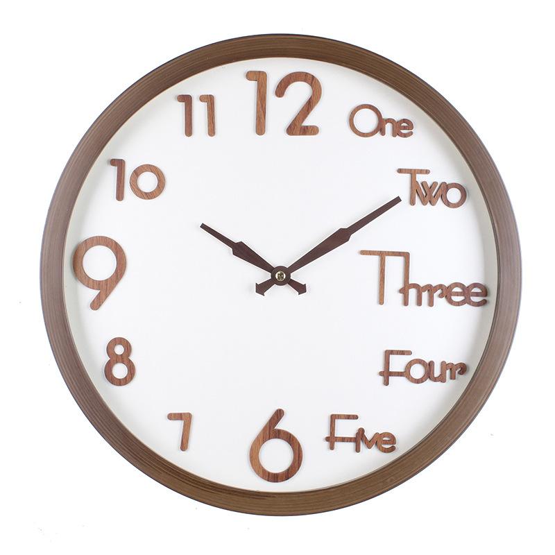 Artistic Wood Grain Wall Clock Three-dimensional Chinese and English Numbers Mixed Design Living Room Mute Fashion Decorative Quartz Clock