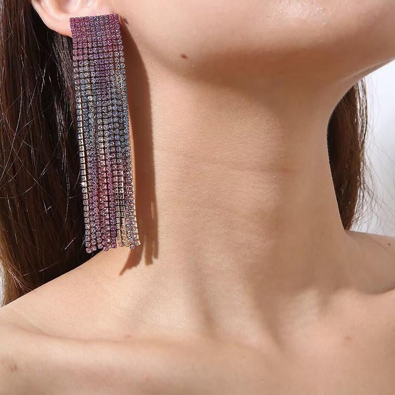 New Luxury Rhinestone Crystal Long Tassel Earrings for Women Bridal Drop Dangling Earrings Party Wedding Jewelry