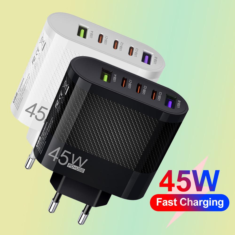 3.5A Multi-Port Charger with 3 Type-C and 2 USB Ports, US/EU/UK Plugs.
