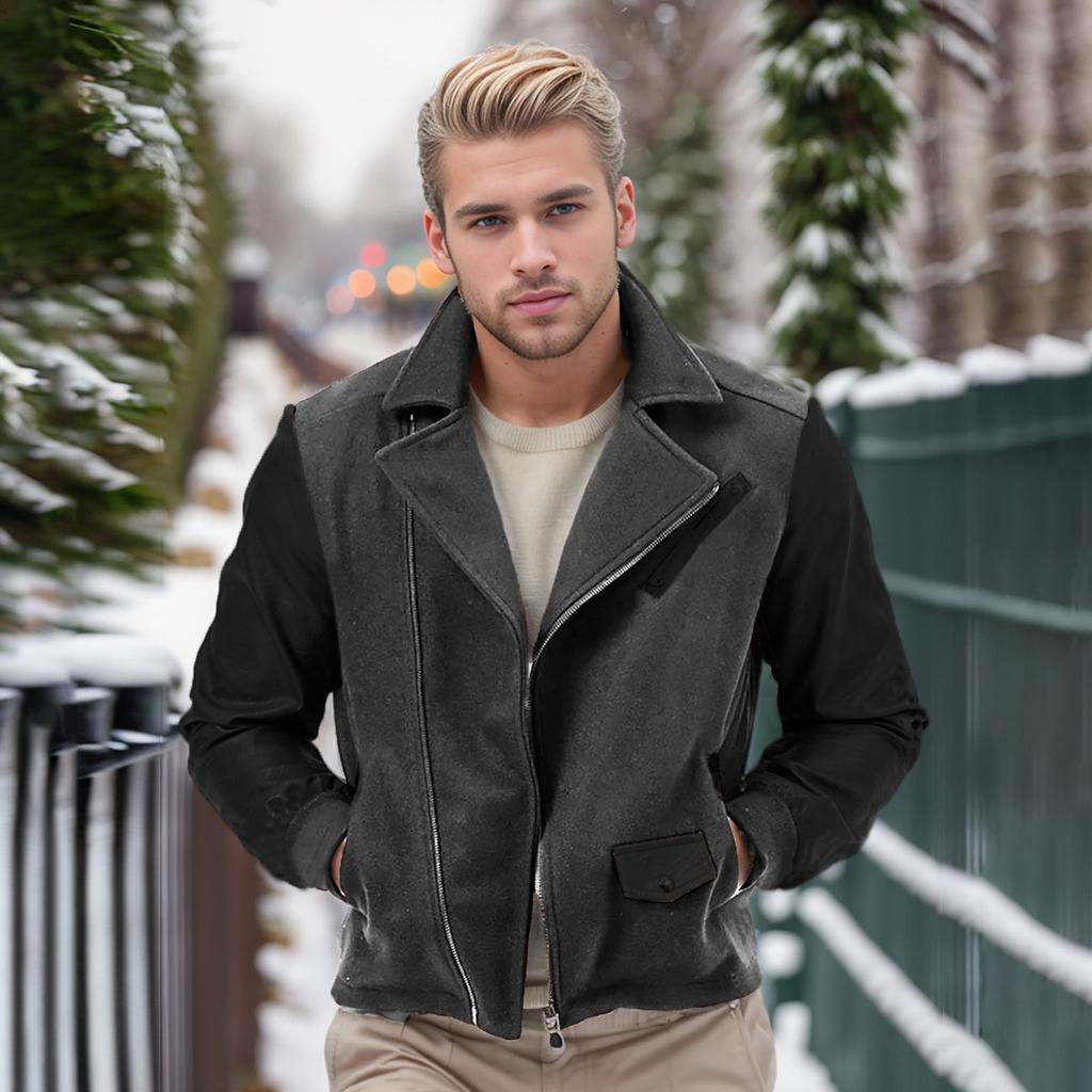 Men's Patchwork Woolen Jacket Lapel Colorblock Coat Casual Slim Fit Zipper Long Sleeve Jacket