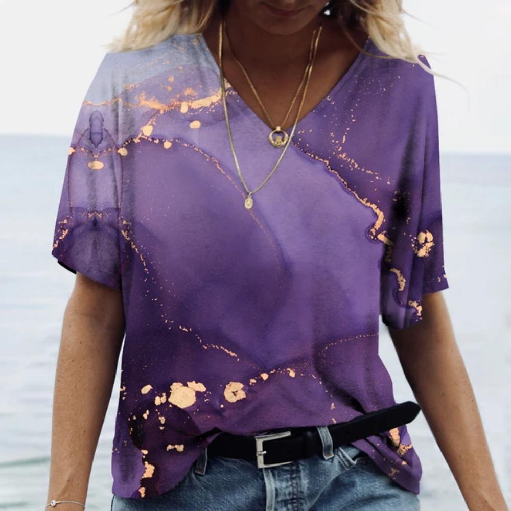 2024 neues 3D T-Shirt bunt V-Ausschnitt große Oberteile locker Sport T-Shirt Street Fashion Y2K