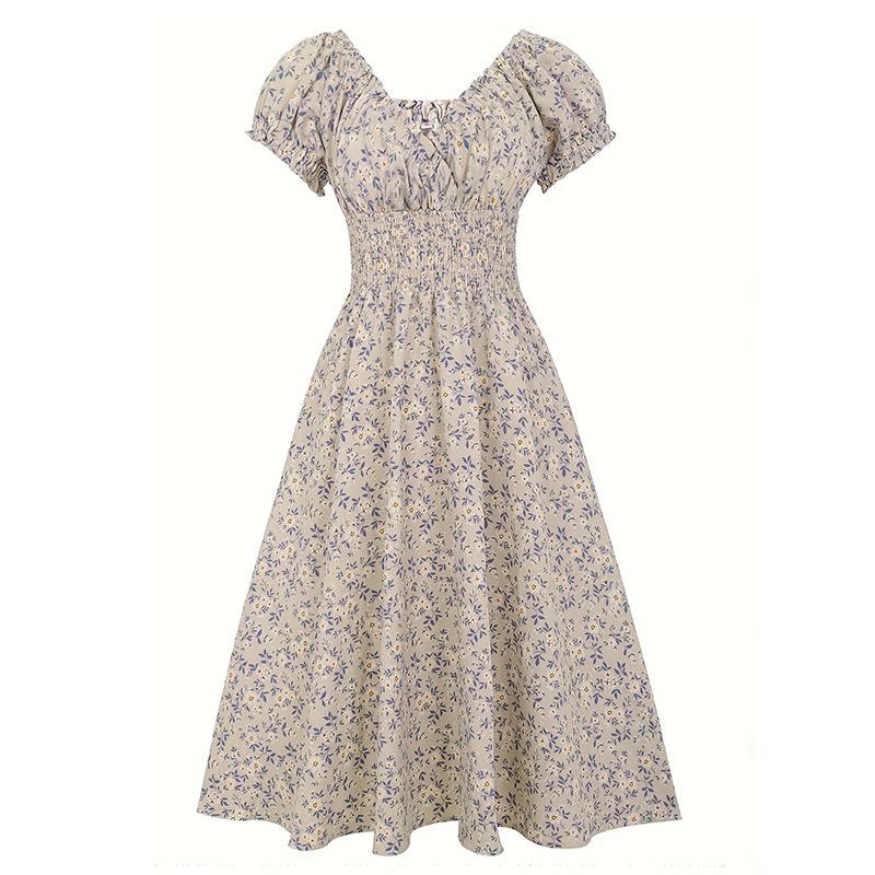 European and American summer new retro floral skirt, waist V-neck bubble sleeve French dress