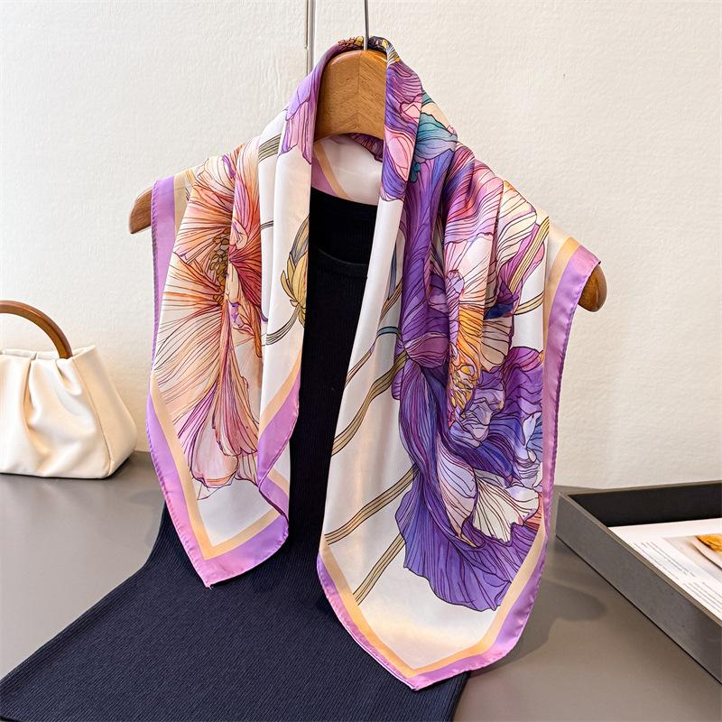 Flower Print 70Cm Square Silk Women's Scarf Spring Summer Beach Satin Scarves Shawl Headband Bandana Hijab Wrap Lady Neckerchief