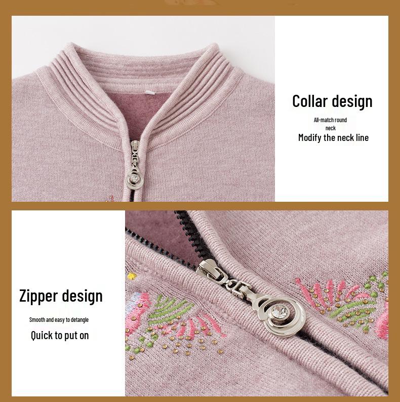 Elegant Embroidered Knit Zipper Cardigan for Middle-Aged & Elderly Women - Autumn/Winter Velvet Pullover