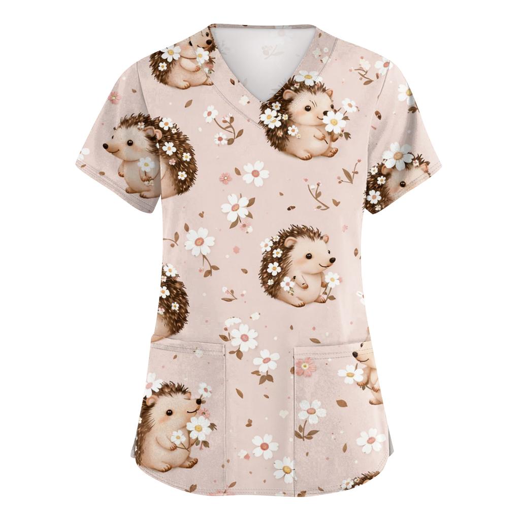 Women's Casual Short-Sleeve Cute Animal Print V-Neck Pocket Workwear Top