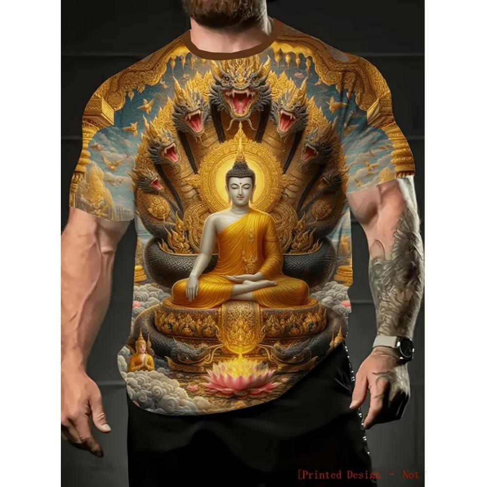 T-shirt da uomo con grafica Testa di Buddha Fiore Rosso Manica Corta Estiva Girocollo Religiosa Spirituale Casual Streetwear Tee Top