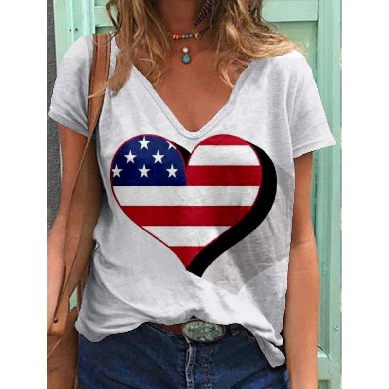 Sommer Damen 3D Digital bedrucktes V-Ausschnitt Kurzarm T-Shirt