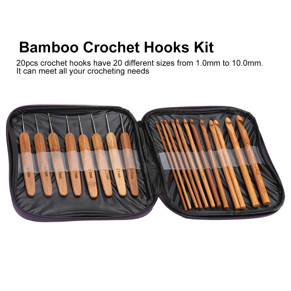 20Pcs Lot Crochet Hooks Needles Bamboo Handle Weave Sewing Tools Set Kit