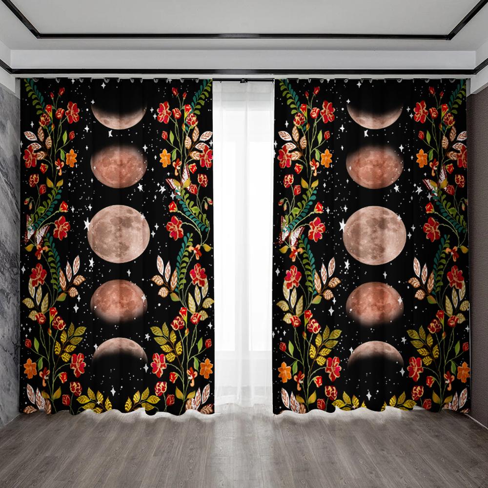 2PC Home Decoration Curtains With Black Background Flowers And Rod Pocket Curtains, Kitchen, Coffee Shop, Living Room, Balcony