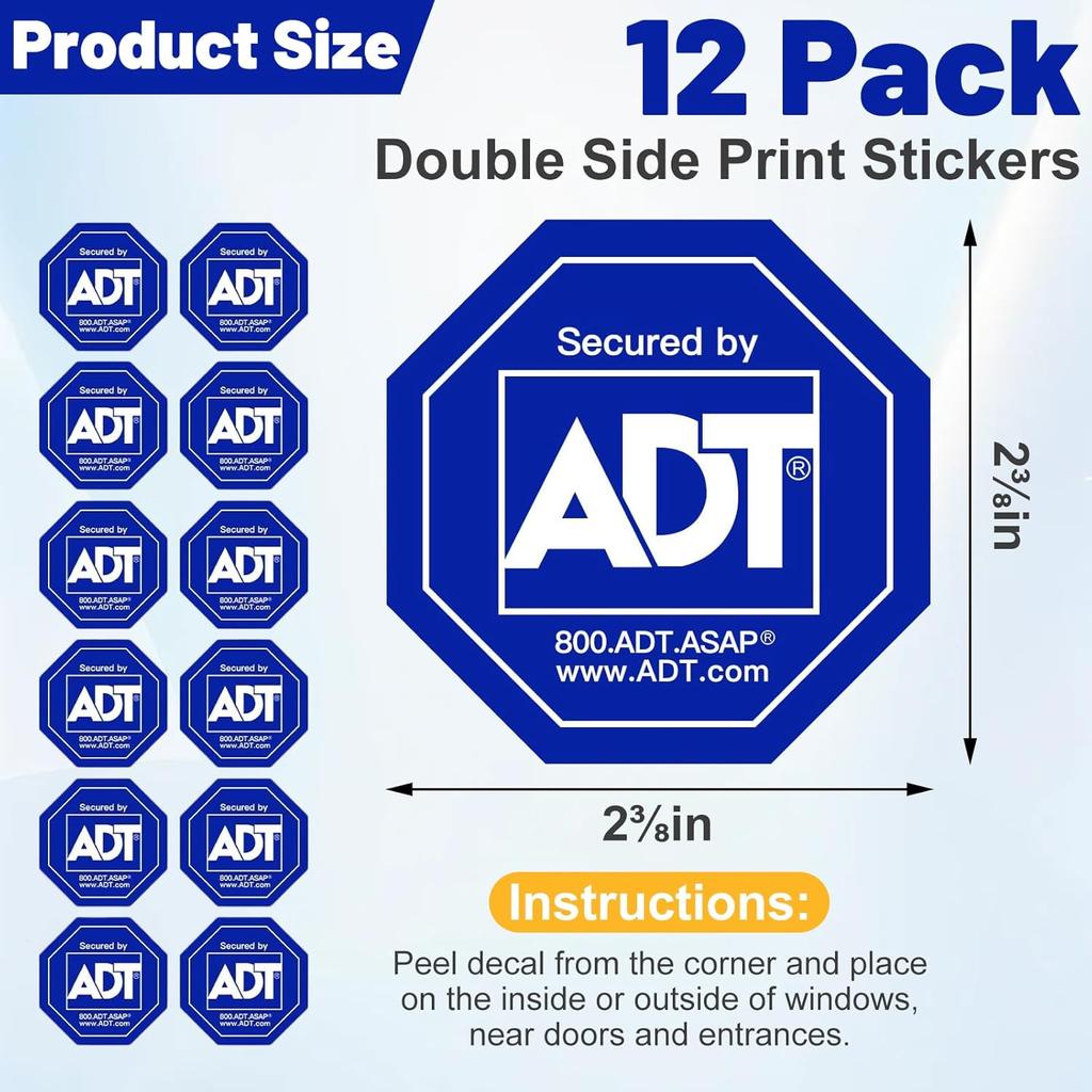 12 Pack ADT Security Stickers, ADT Safety Signs Waterproof Decals for Home Windows and Doors HD Printed
