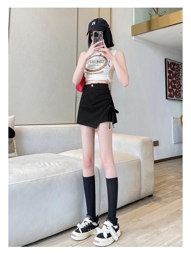 2024 Summer Black Irregular High Waist A-line Skirt with Slimming Ruched Design for Women