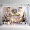 Winter Wonderland Christmas Backdrop Elegant White Fireplace Scene with Gift Tree Wreaths Party Decorations