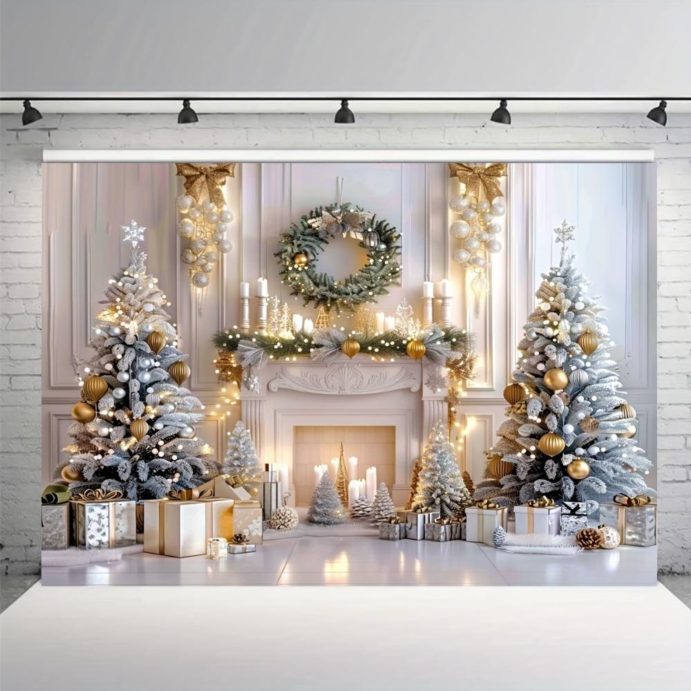 Winter Wonderland Christmas Backdrop Elegant White Fireplace Scene with Gift Tree Wreaths Party Decorations