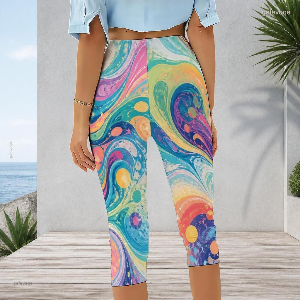 Women Plus Size Capri Length Leggings Abstract Pink Purple Gradient Sunset Print High Waist Stretchy Yoga Pants For Casual Workout Daily Wear