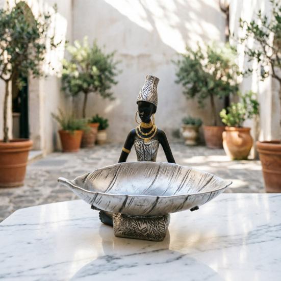 African Woman Holding Leaf Bowl Resin Statue Tribal Kneeling Figurine Jewelry Tray Desktop Decorative Snack Holder for Home Shelf Decor
