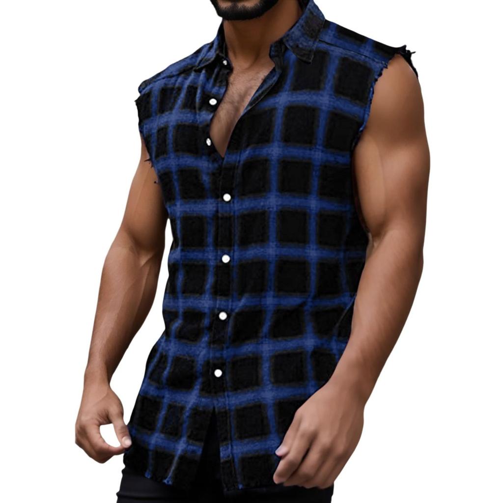 Camisa Xadrez Sem Mangas Masculina Vintage Cool Respirável Sem Mangas Camiseta Regata Plus Size