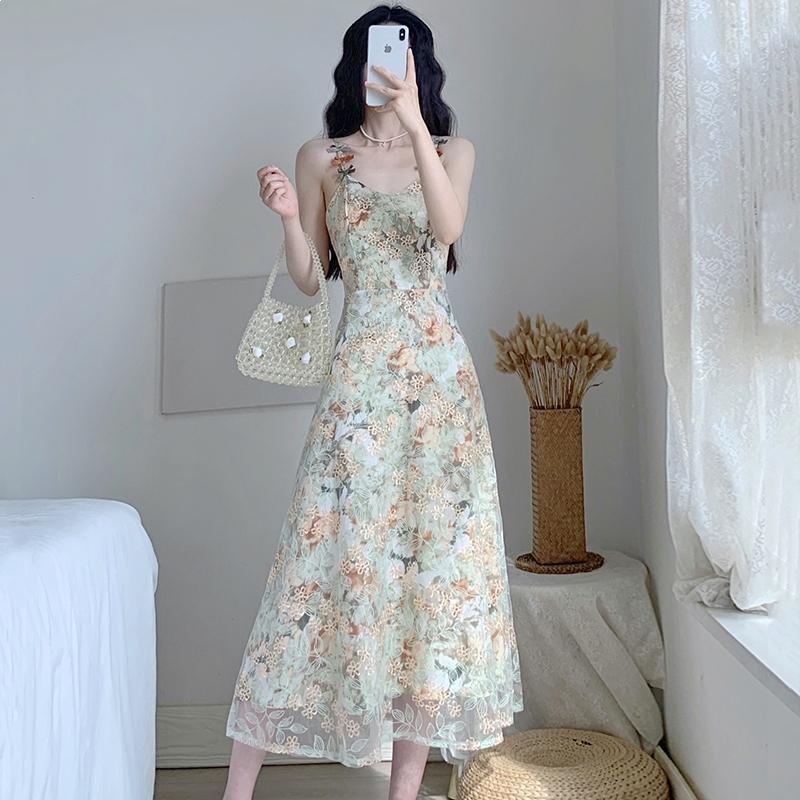 Vintage French Retro Slip Dress With Knit Fabric For Summer Casual Wear