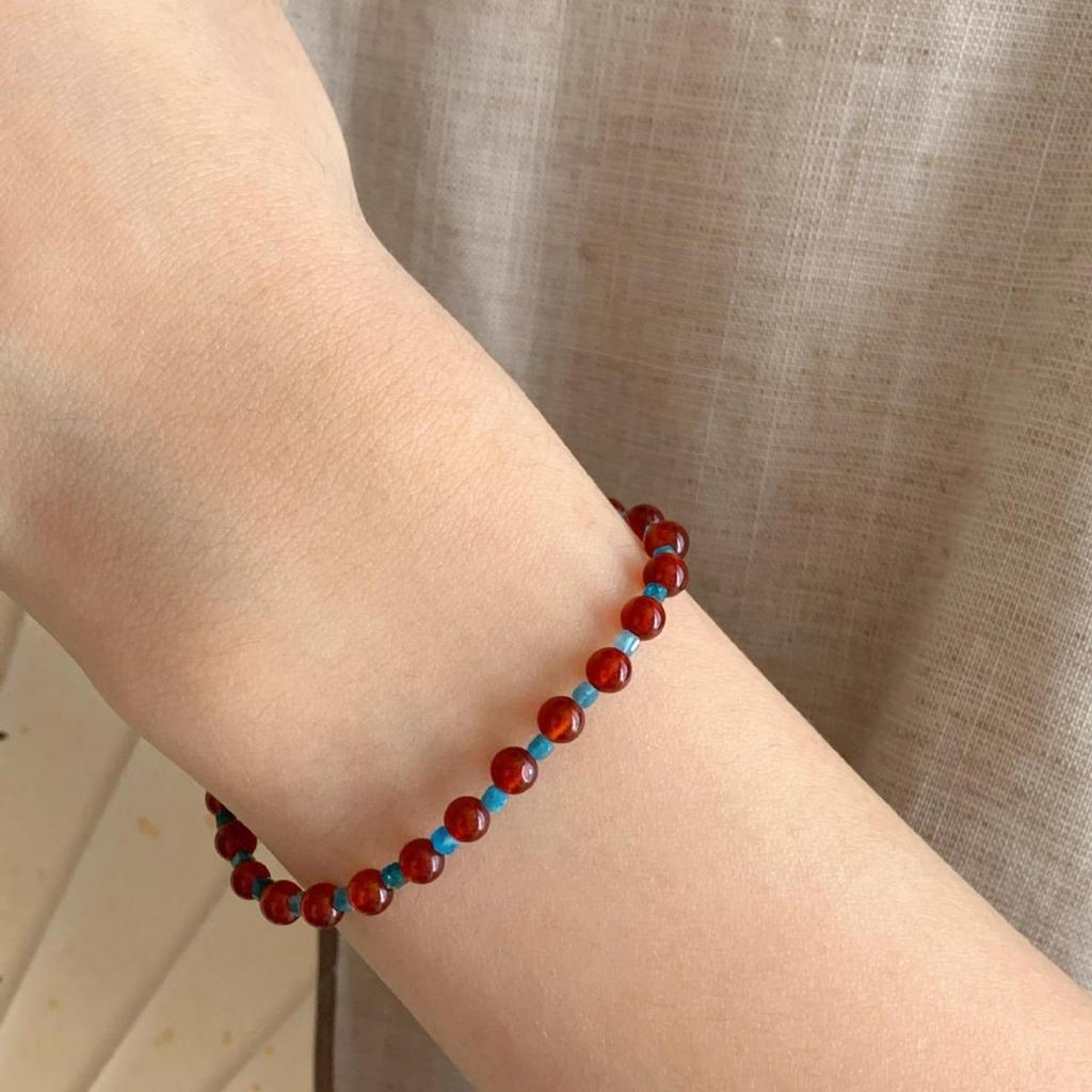 S925 Sterling Silver Chinese-Style Red Agate & Blue Apatite Floral Beaded Bracelet for Women