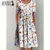 HNXC 30 Color Pleated Midi Dress Short Sleeve Round Neck Loose Hem Mid-Calf Length Women Floral A-Line Party Dress Casual Wear