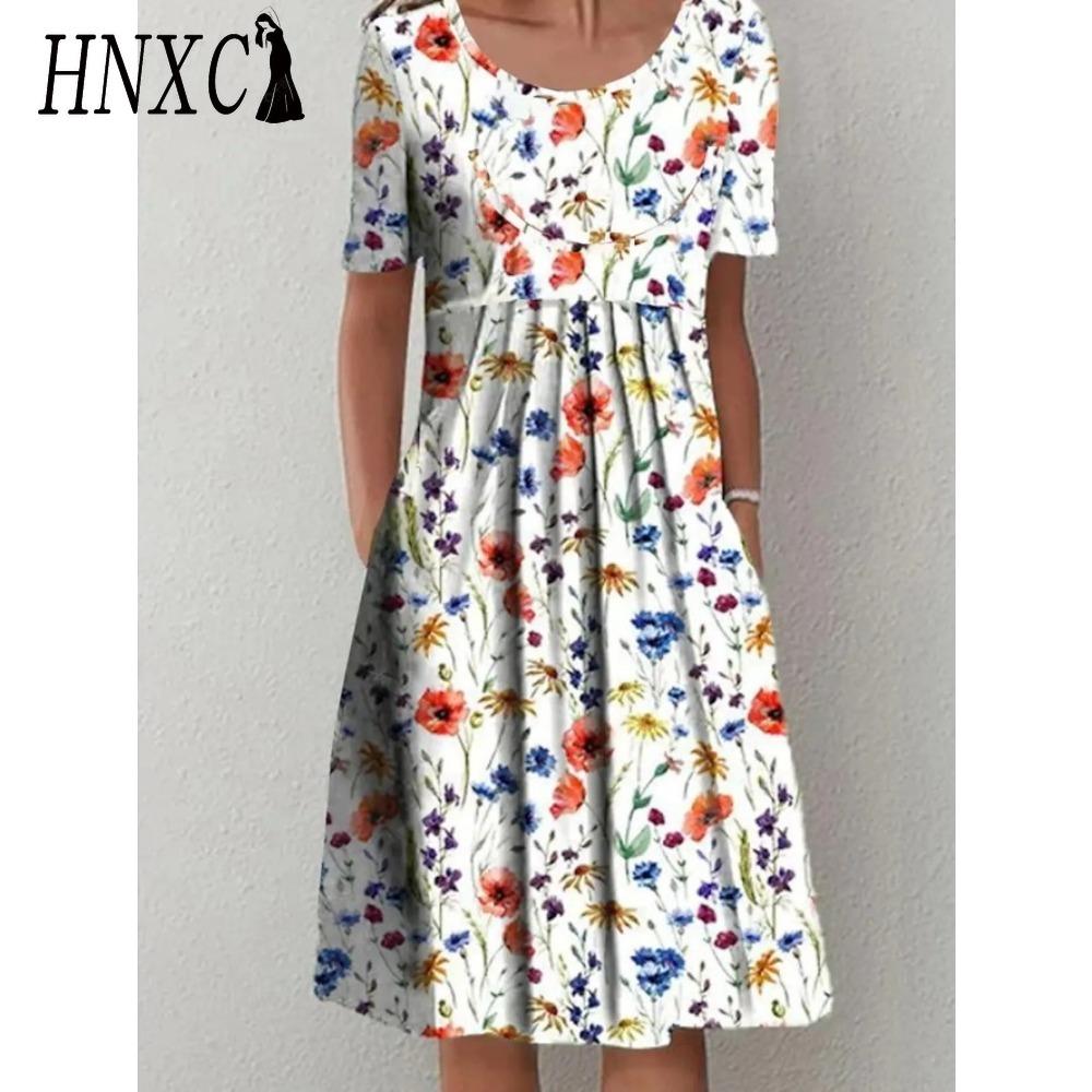 HNXC 30 Color Pleated Midi Dress Short Sleeve Round Neck Loose Hem Mid-Calf Length Women Floral A-Line Party Dress Casual Wear