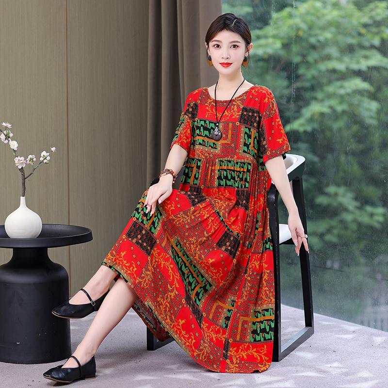 Plus Size Floral Dresses for Women  Oversize Loose Short Sleeve Summer Long Dress Middle-aged Women Summer Sundresses