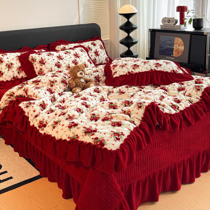 Xiaohongshu Popular Thickened Milk Fleece Bed Cover Bed Skirt Four-Piece Set Farai Fleece Warm Quilt Cover Bed Hat