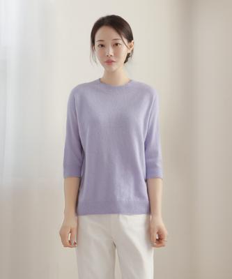 Keulleiseu 100% Wool Round Neck Raglan 3/4 Sleeve Knit_Light Purple