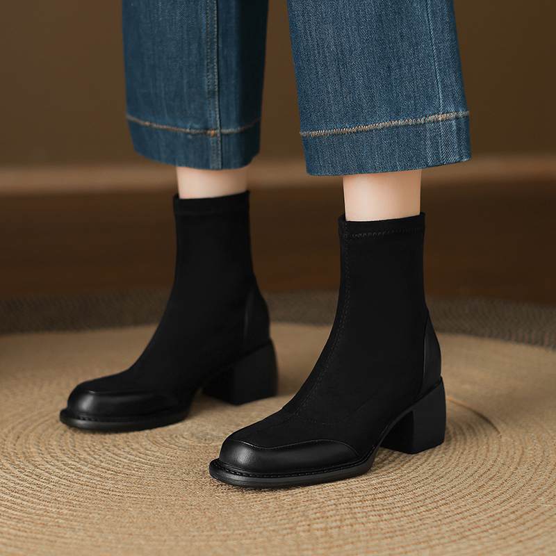 Krazing Po Microfiber Winter Round Toe Size 33 Chelsea Boots Size 43 Zipper Thick High Heels Patch Work Ankle Boots