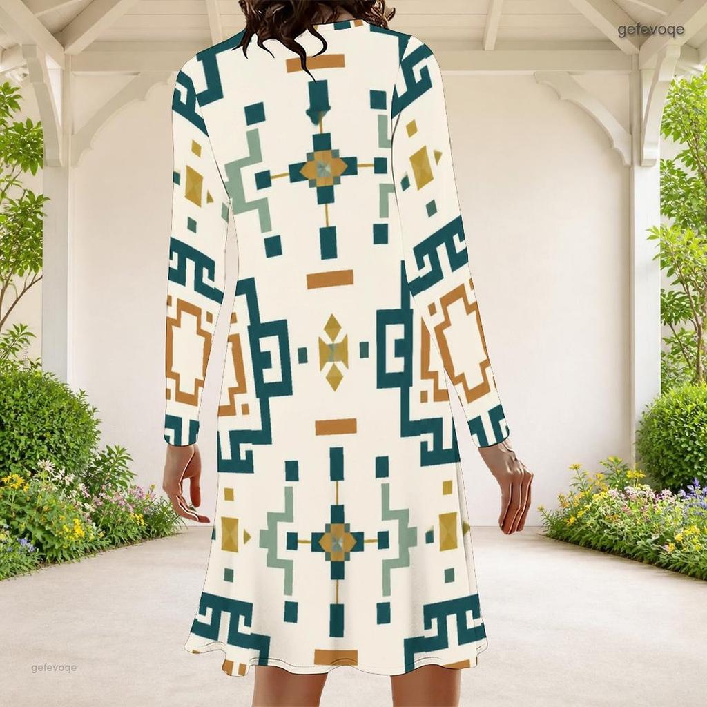 Women Plus Size Round Neck Long Sleeve Black Printed A Line Dress