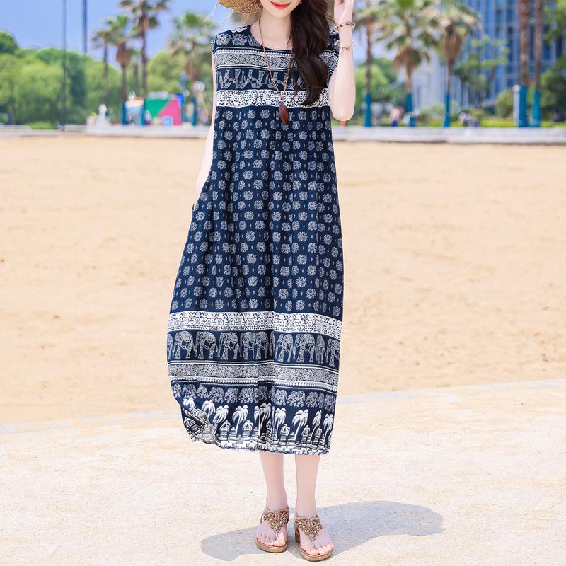 Casual Beach Dresses for Woman Plus Size Loose Vintage Print Long Sleeveless Dress Summer Women's Clothing