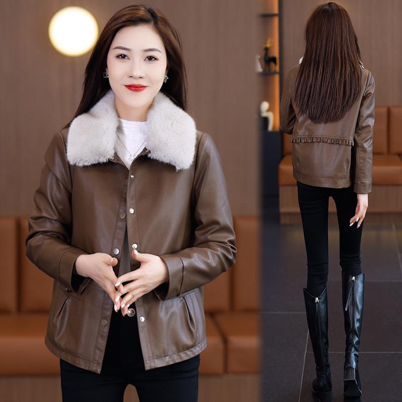 Women's 2024 Winter Loose Fit Fleece-Lined PU Biker Jacket with Fur Collar