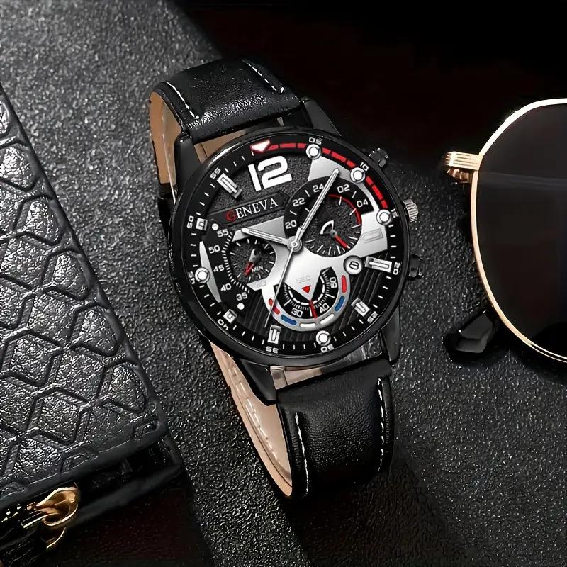 Fashionable Casual Sophisticated Business Leather Belt Men's Watch Cross Pendant Necklace Bracelet Set Quartz Movement