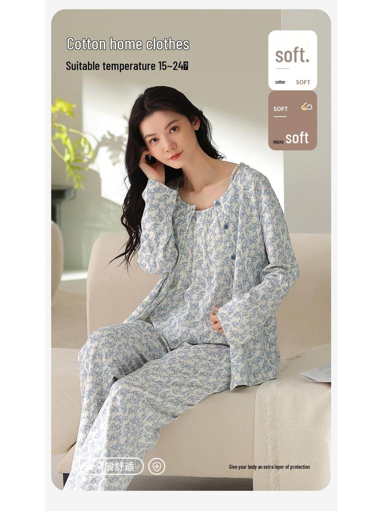 Women's Three-Piece Cotton Pajama Set: Spring Fashion, Printed, Comfortable, Breathable, with Chest Pads, Skin-Friendly.