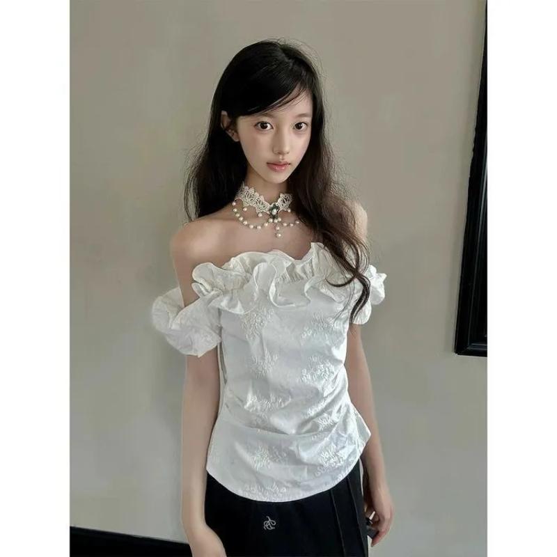 

Spring Summer Women s White Off Shoulder Ruffle Blouse Floral Jacquard Fitted Crop Top S