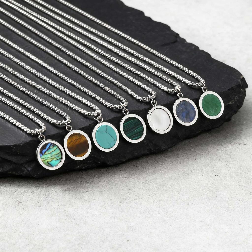 Round Pendant Necklace for Men Boys,Stainless Steel Tiger Eye Natural Stone Pendant Necklaces,Hip Hop Jewelry Gifts
