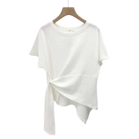 T-shirt à manches courtes et col rond pour femme, ourlet irrégulier, élastique, fin, couleur unie, pull ample, streetwear, été