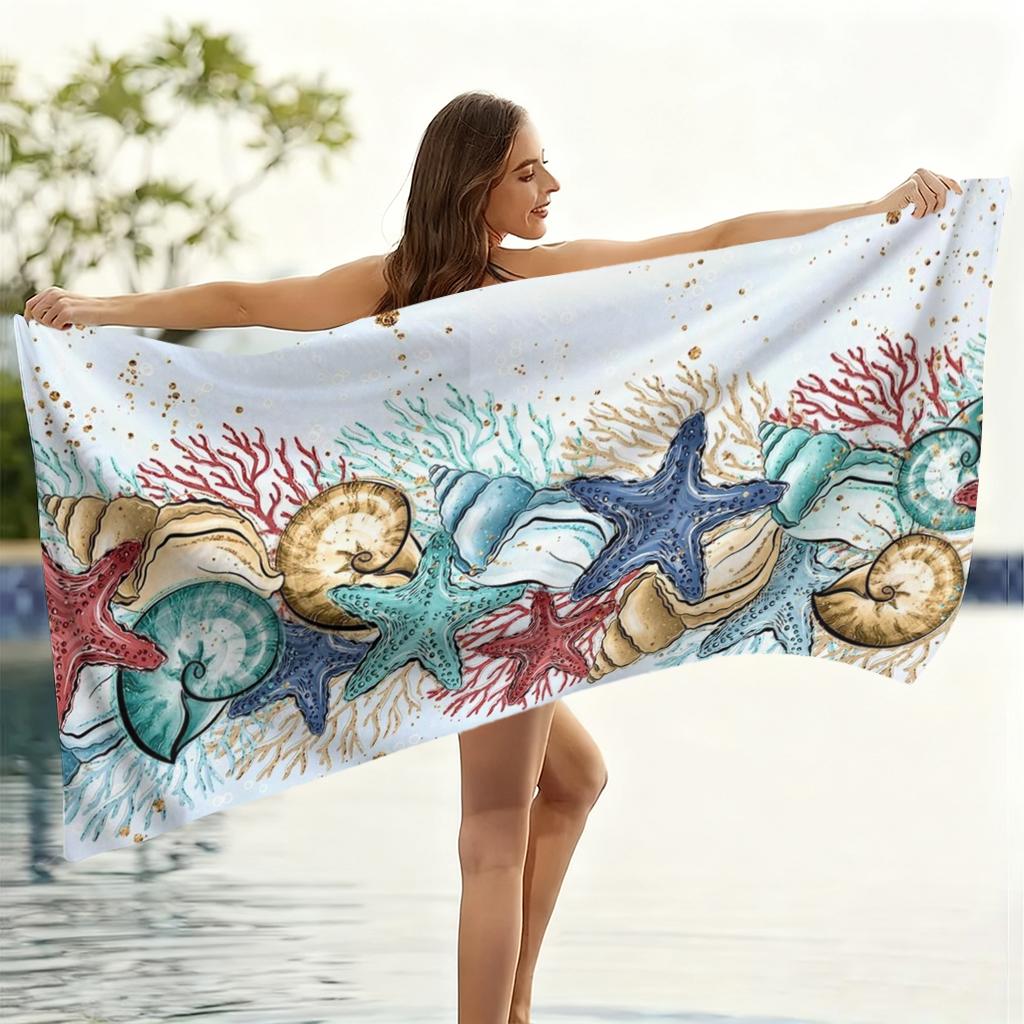 1pc Starfish and Conch Patterns Print Beach Towel Quick-drying Towel Suitable for Seaside Pool Camping Yoga For Family Friends