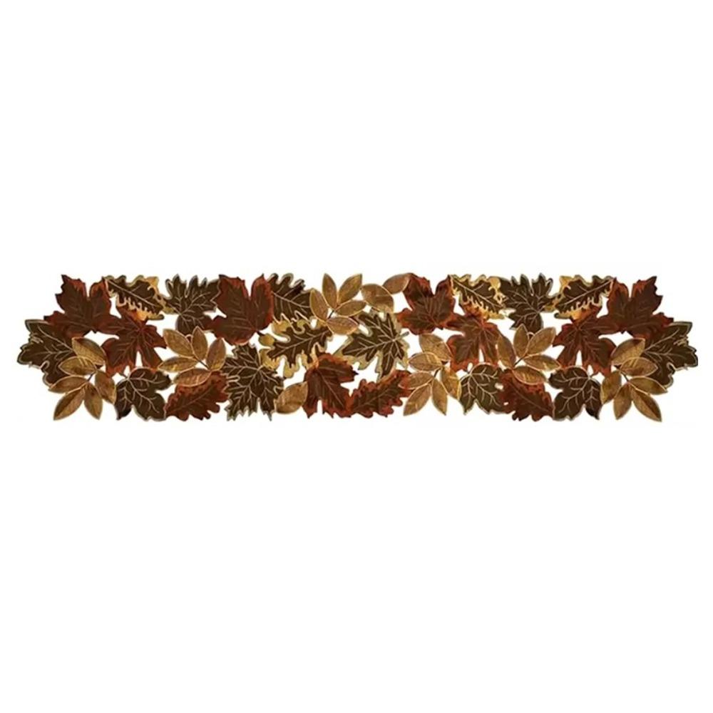 Rustic Style Maple Leaf Embroidered Table Runner Hollow Design Decorative Autumn Harvest Table Mat Brown Rectangular Table Liner