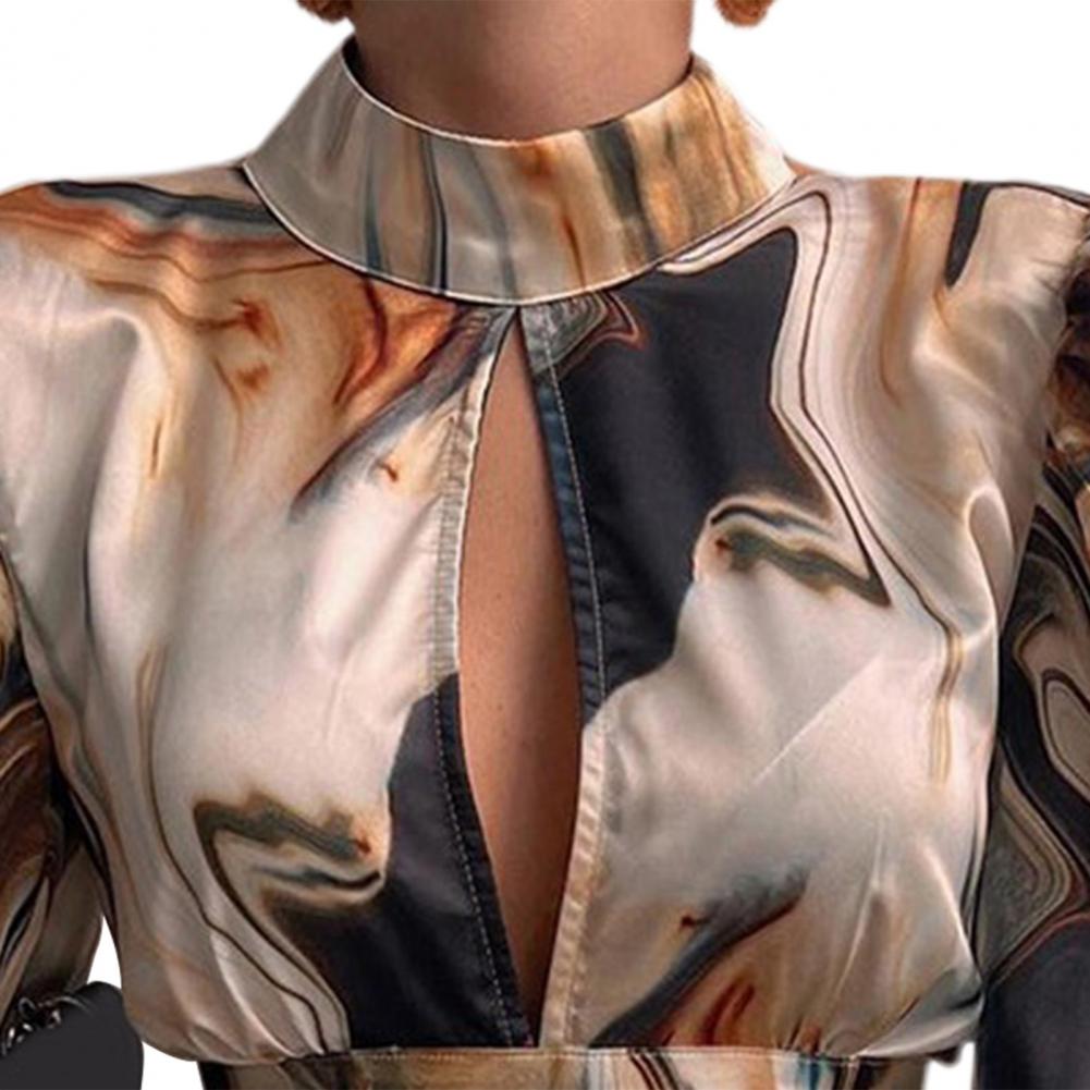 Elegante Blusa da Donna Casual Stampa Barocca Manica a Lanterna Arricciata Top Senza Schiena Manica Lunga Camicie da Festa Femme Abbigliamento da Lavoro