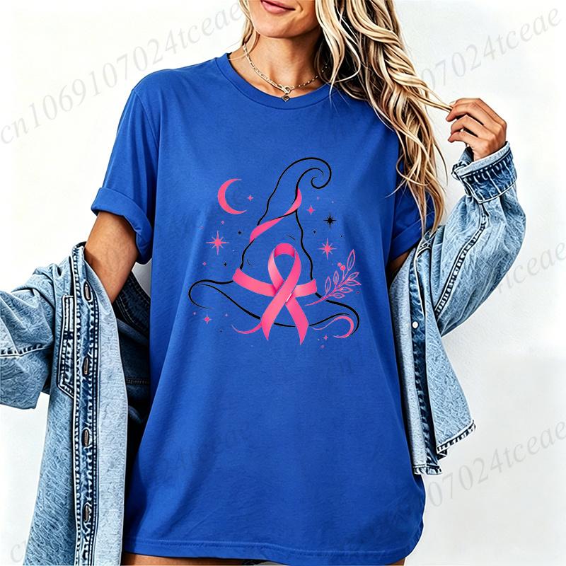 Pink Witch Hat Design T-Shirts Breast Cancer Awareness Women's Tee Shirts Pink Ribbon Halloween Graphic T-Shirts Gifts