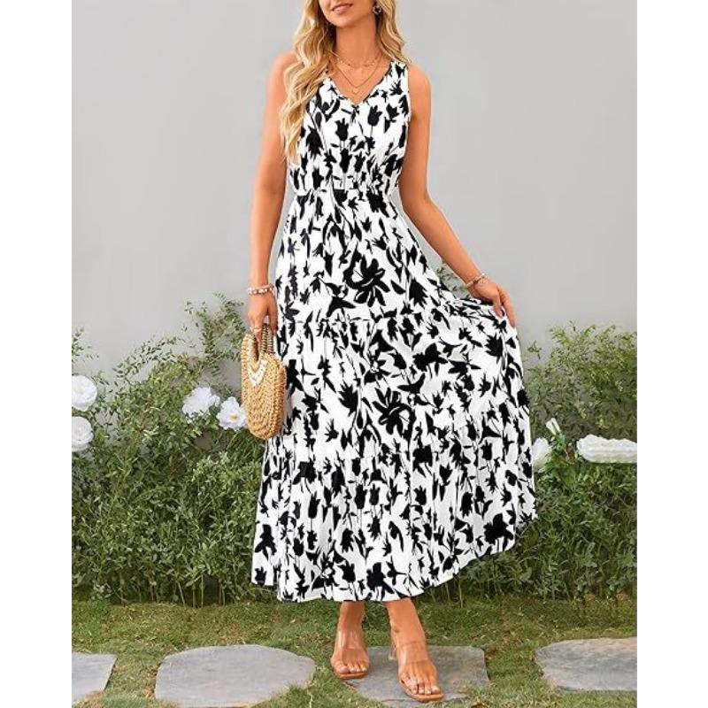 2025 Popular Women's V-neck Elastic Waist Casual Sleeveless Printed Dress