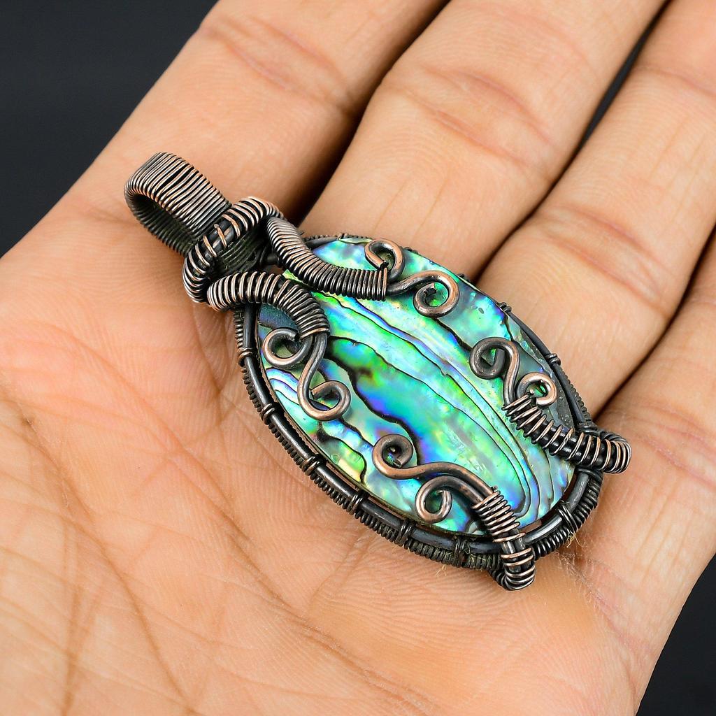 Abalone Shell 999 Copper Wire Wrapped Pendant, Handmade Gemstone Pendant Jewelry, Gifts For Wife Brand New Pendant