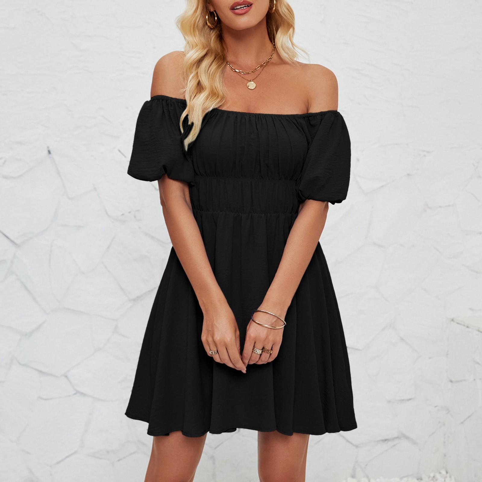 Женское модное однотонное платье с одной линией выреза и короткими рукавами — фото 7