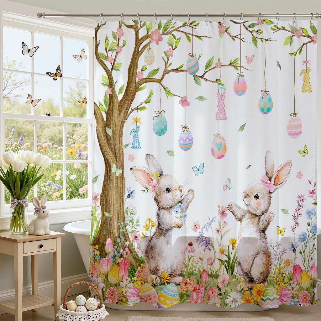 Easter Bunny Floral Tree Shower Curtain Machine Washable All Season Waterproof Privacy Protection 2D Print Spring Design Cute